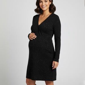 LOFT Maternity Black White Speckled Confetti Faux Wrap V-Neck Sweater Dress L